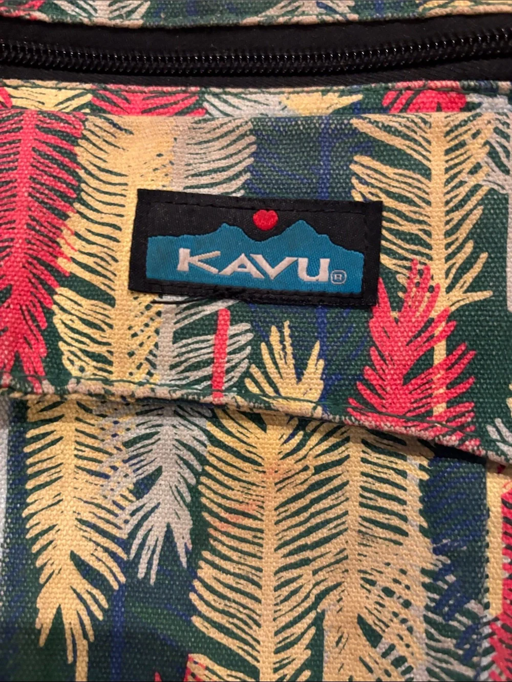 KAVU Teal Crossbody Bag with Yellow & Red Feather Print